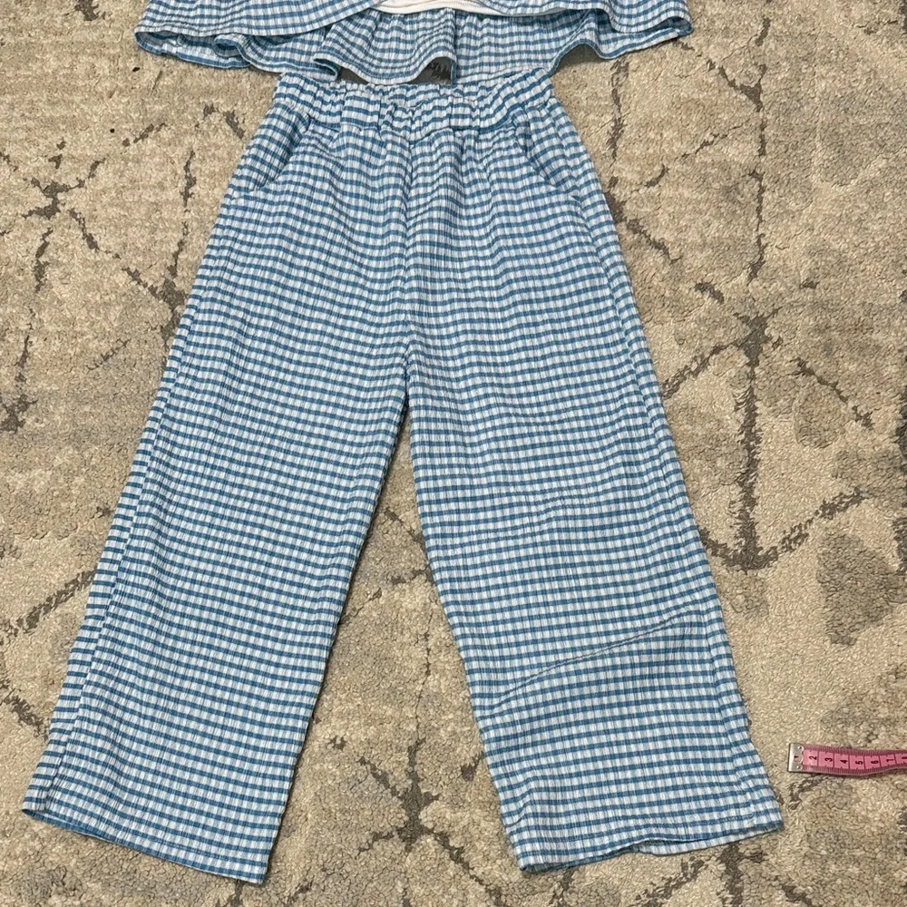 Blue Gingham Sleeveless Top and Pants Set